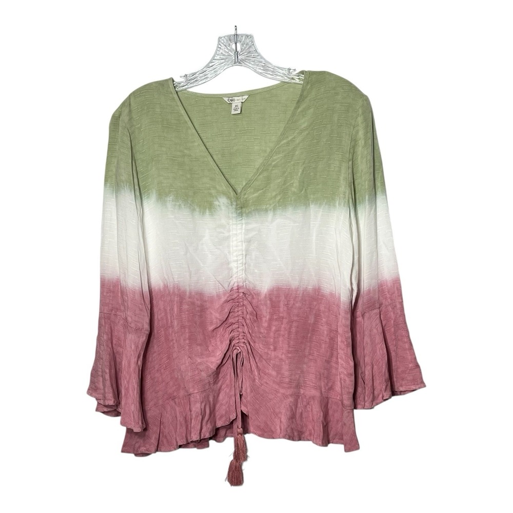 Cato Womens Size XS Color Block Blouse Ruching Bell Sleeve Green‎ White Pink